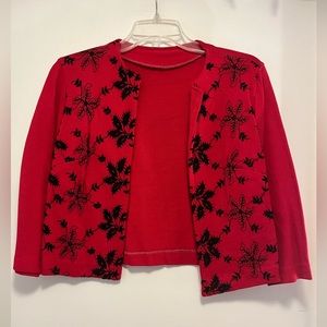 Vintage Red Cardigan with Black Floral Detail - Size Small